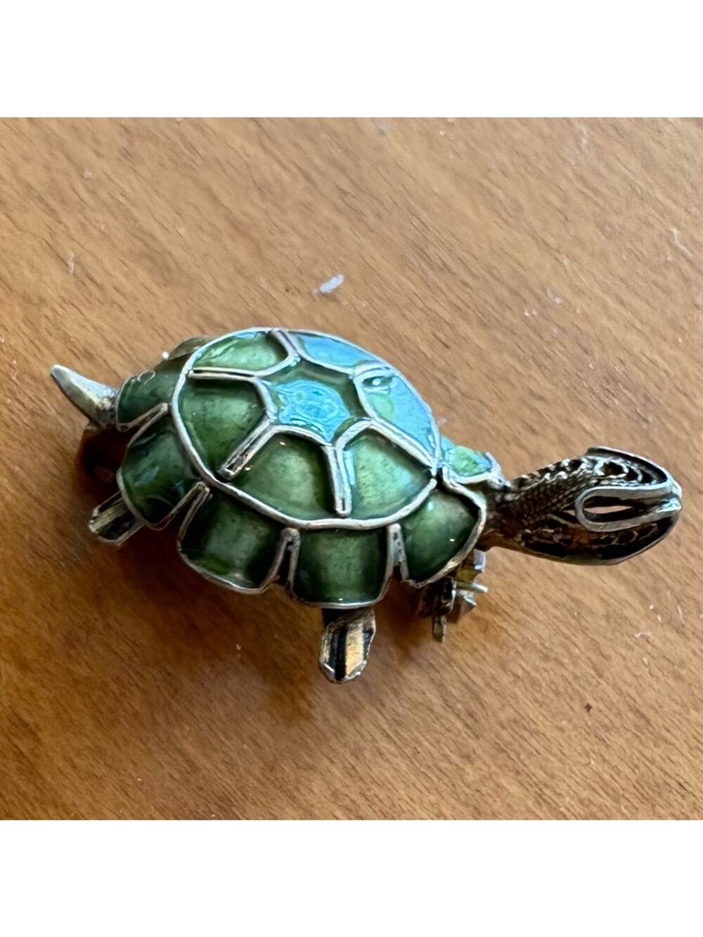 Vintage Green Turtle Brooch 800 Silver Vermeil Filagree